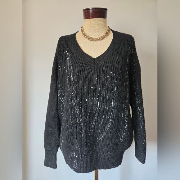VITA VITALE ITALY Black V-Neck Wool Blend Knit Sweater With White Paint Splatter - Picture 1 of 12